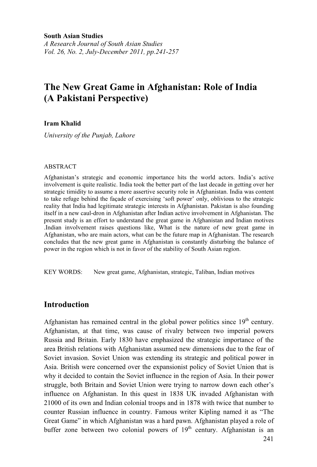 The New Great Game in Afghanistan: Role of India (A Pakistani Perspective)