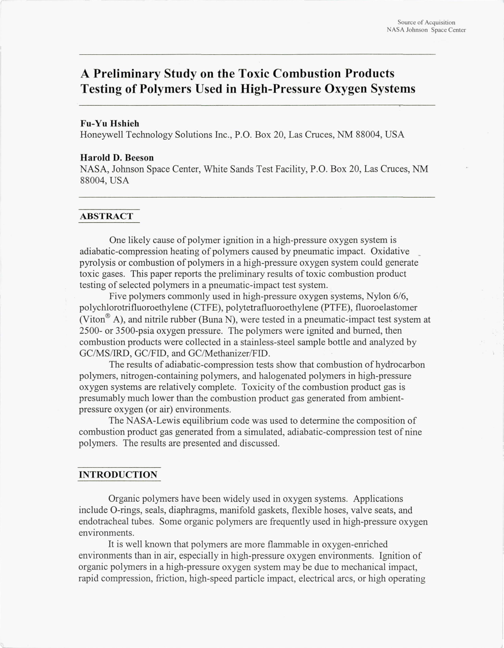 A Preliminary Study on the Toxic Combustion Products Testing of Polymers Used in High-Pressure Oxygen Systems