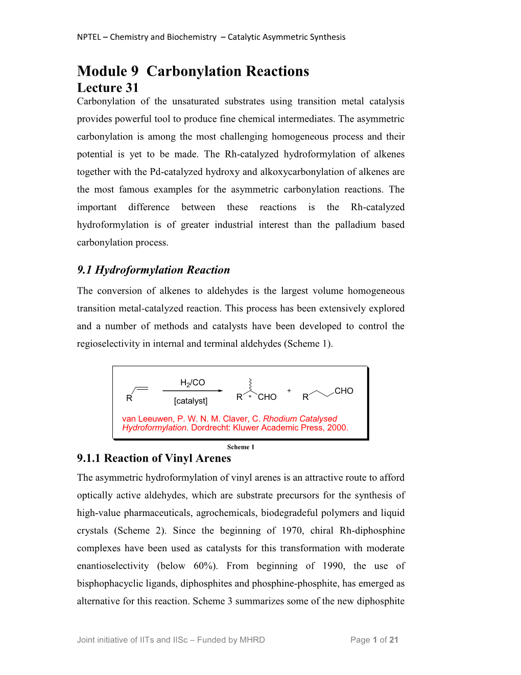 Module 9 Carbonylation Reactions