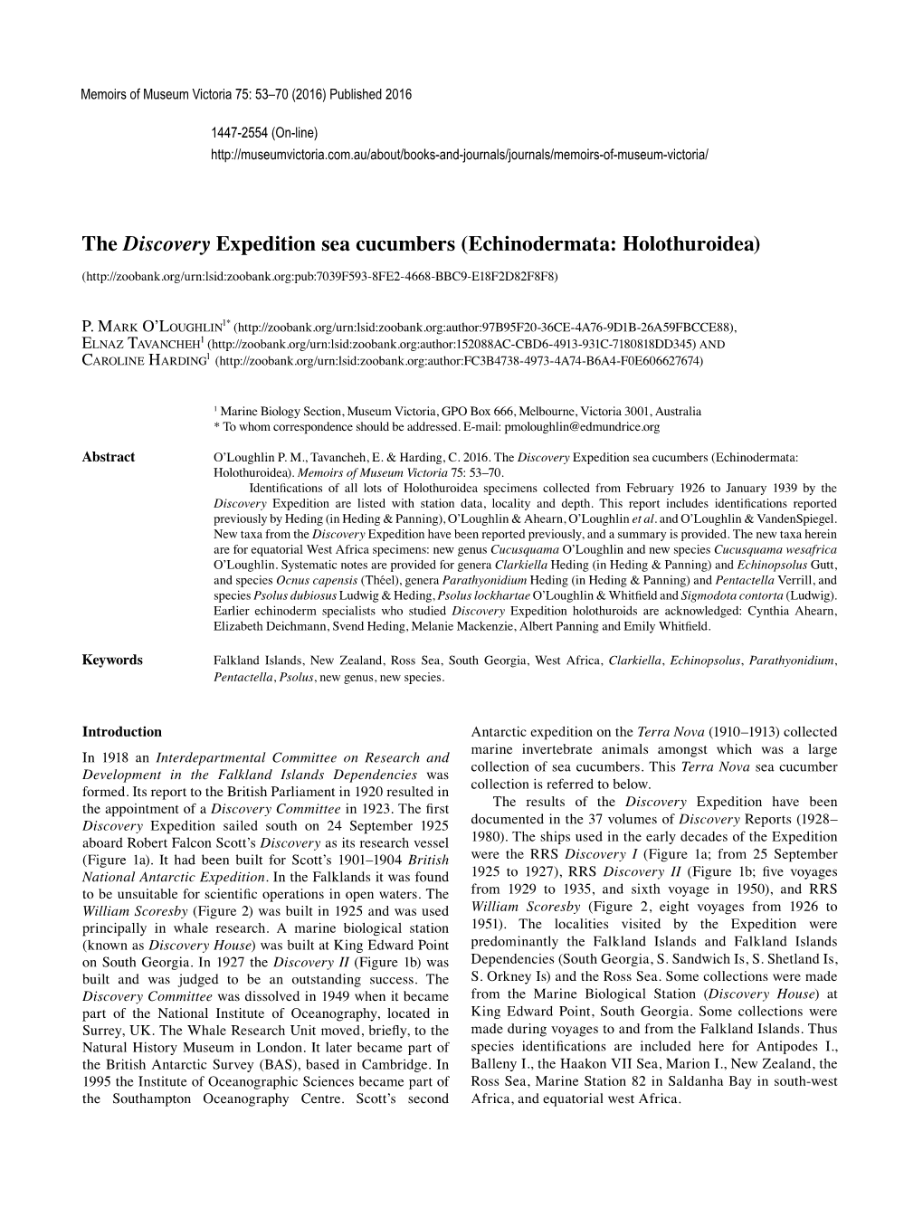 The Discovery Expedition Sea Cucumbers (Echinodermata: Holothuroidea)