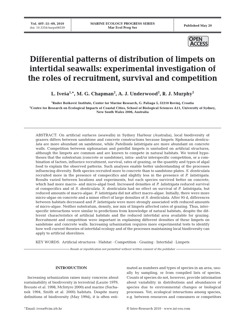 Differential Patterns of Distribution of Limpets on Intertidal Seawalls: Experimental Investigation of the Roles of Recruitment, Survival and Competition