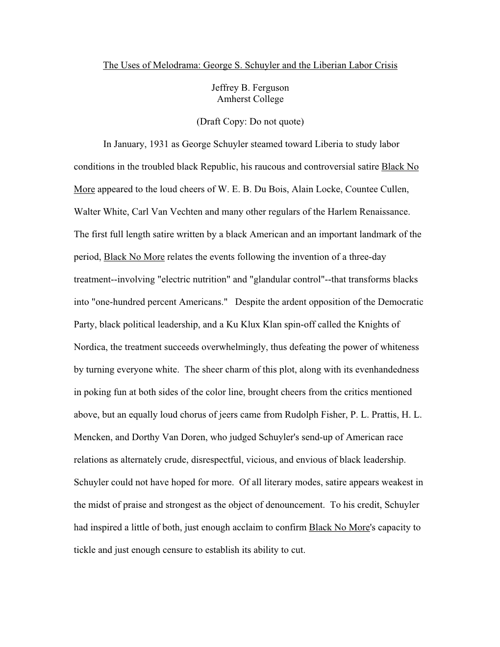 The Uses of Melodrama: George S. Schuyler and the Liberian Labor Crisis