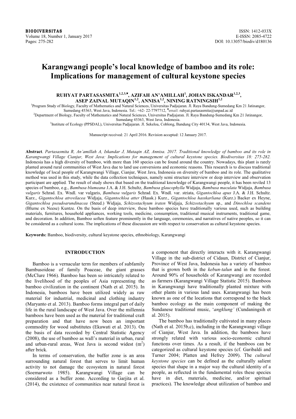 Karangwangi People's Local Knowledge of Bamboo and Its Role: Implications for Management of Cultural Keystone Species