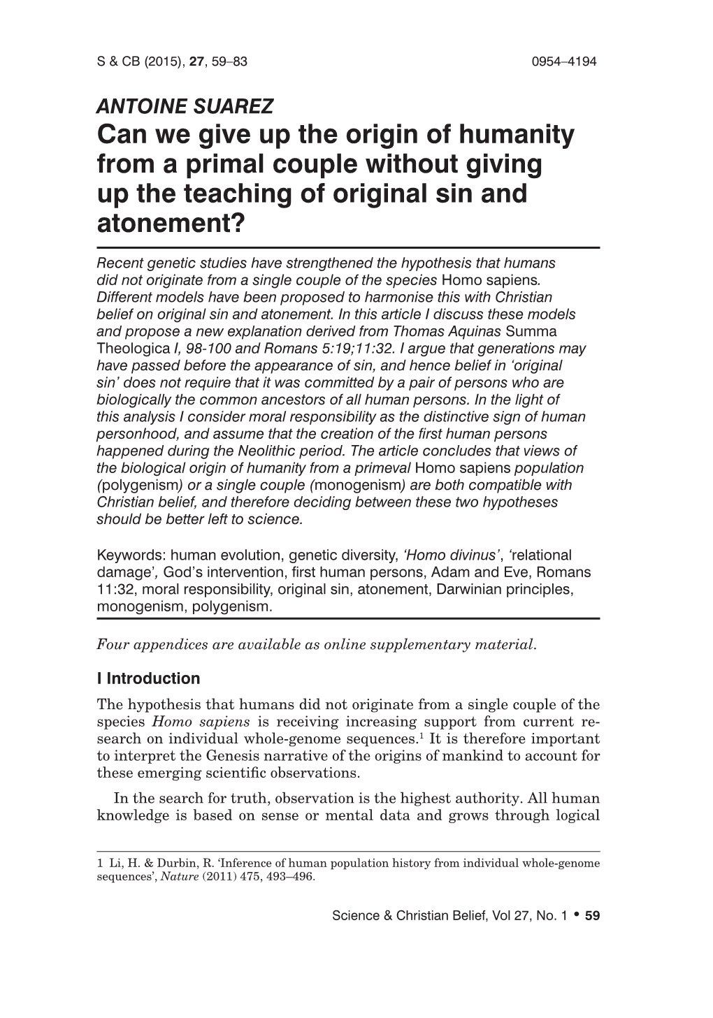 Can We Give up the Origin of Humanity from a Primal Couple Without Giving up the Teaching of Original Sin and Atonement?