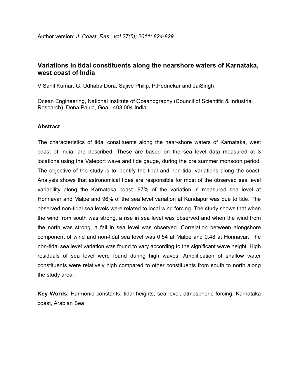Variations in Tidal Constituents Along the Nearshore Waters of Karnataka, West Coast of India