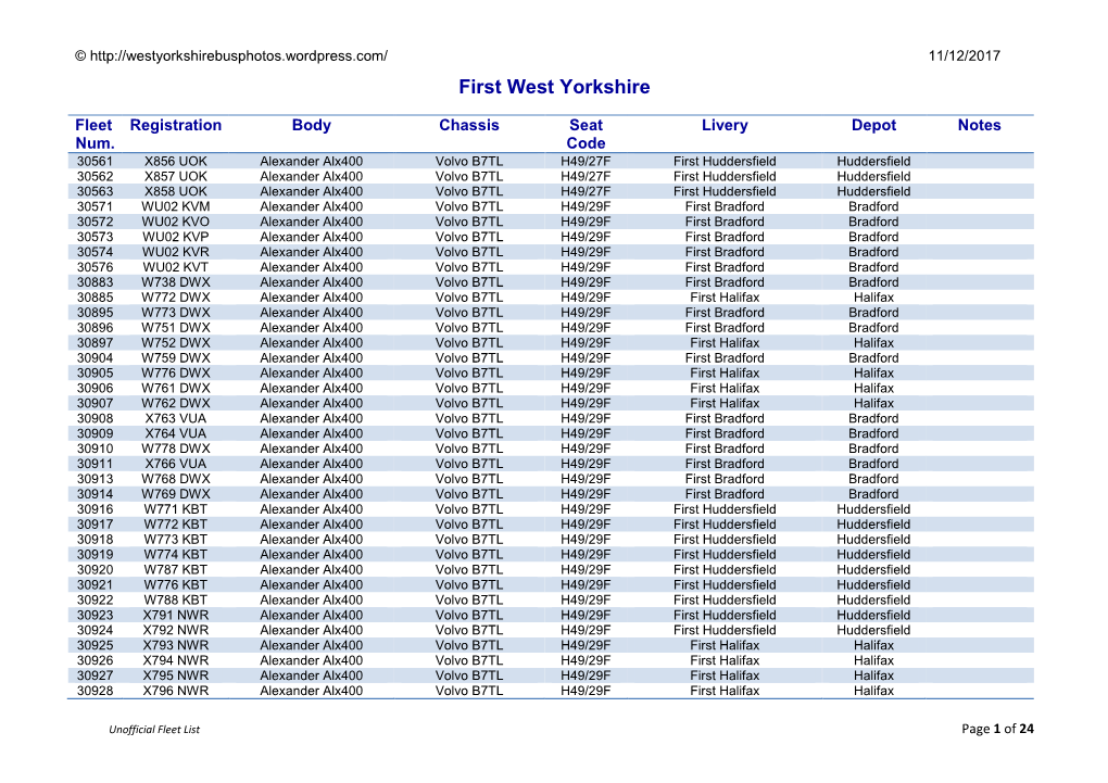 First West Yorkshire Fleet List