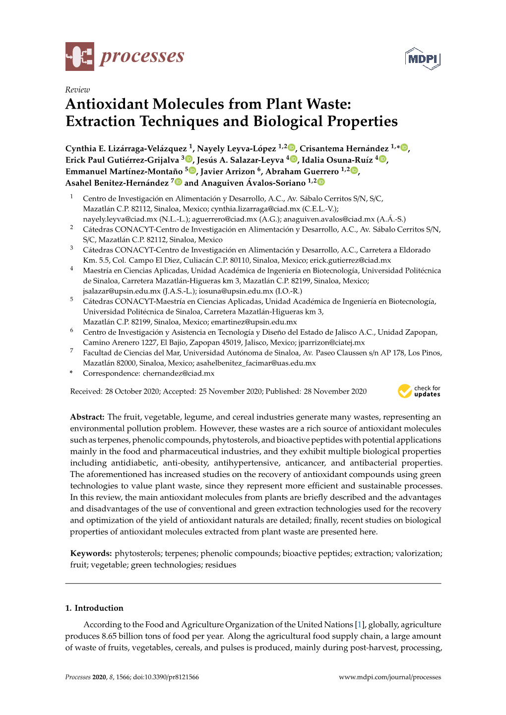Antioxidant Molecules from Plant Waste: Extraction Techniques and Biological Properties