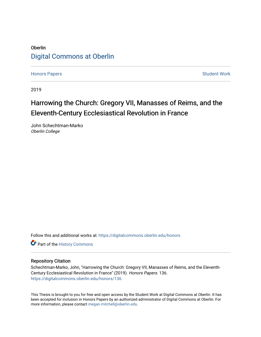 Harrowing the Church: Gregory VII, Manasses of Reims, and the Eleventh-Century Ecclesiastical Revolution in France