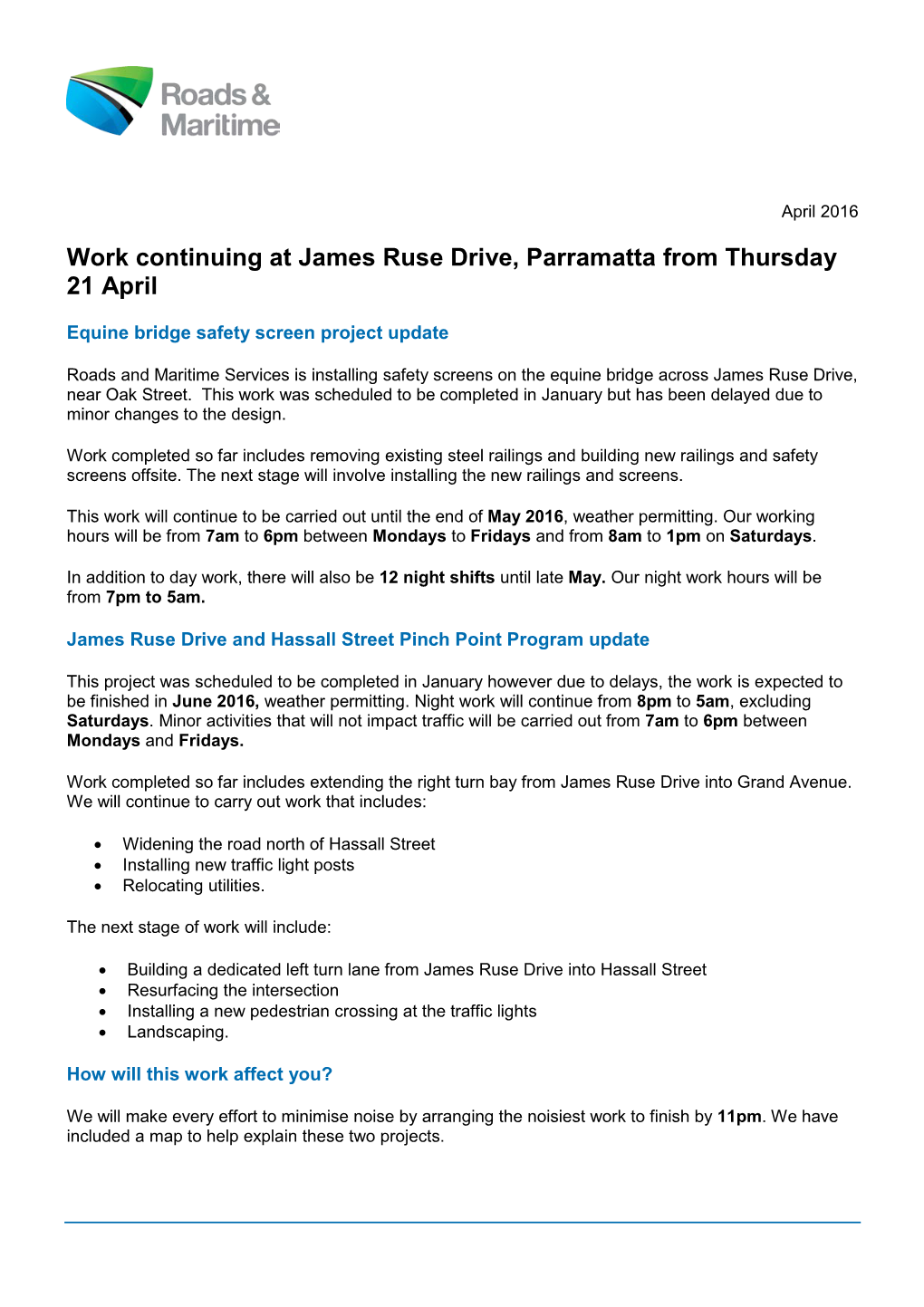 Work Continuing at James Ruse Drive, Parramatta from Thursday 21 April