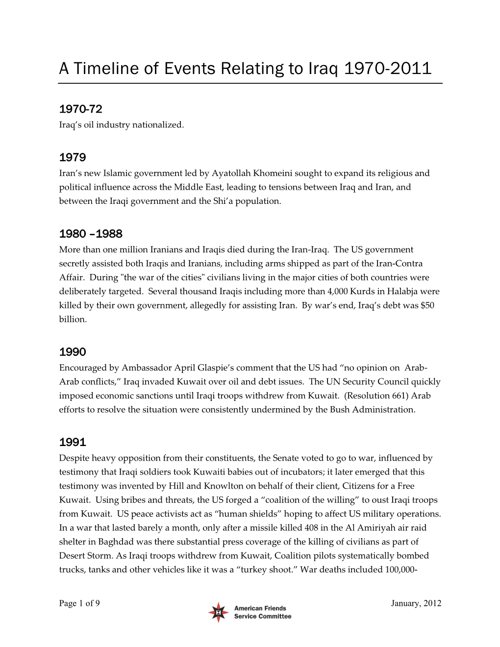 A Timeline of Events Relating to Iraq 1970-2011