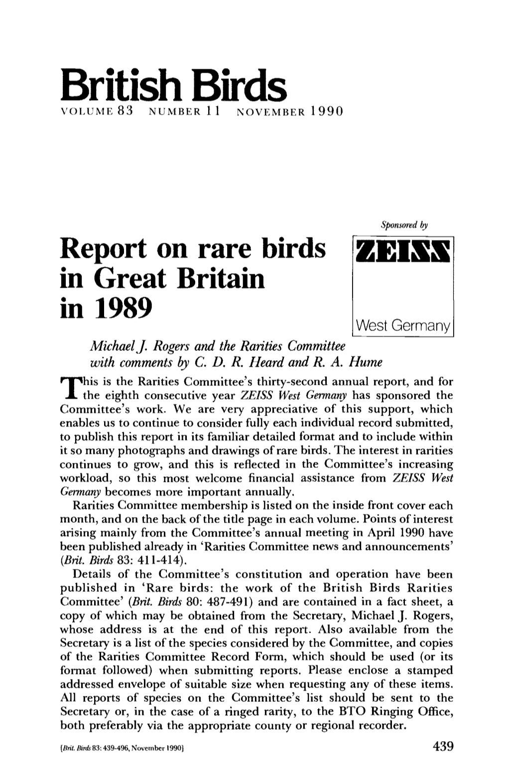 British Birds VOLUME 83 NUMBER 11 NOVEMBER 1990