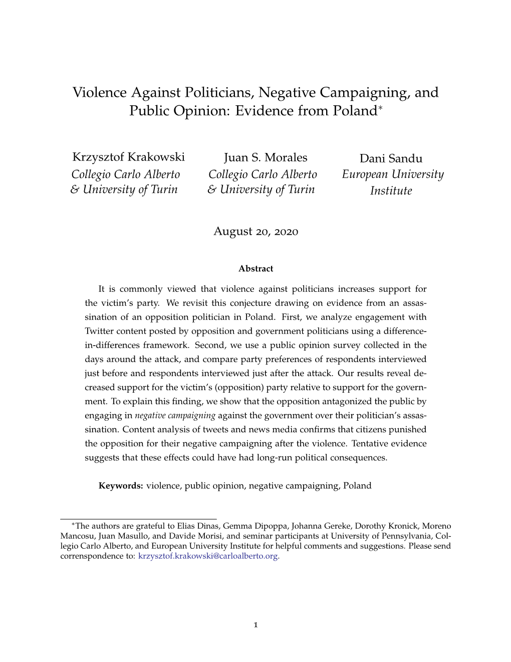 Violence Against Politicians, Negative Campaigning, and Public Opinion: Evidence from Poland∗