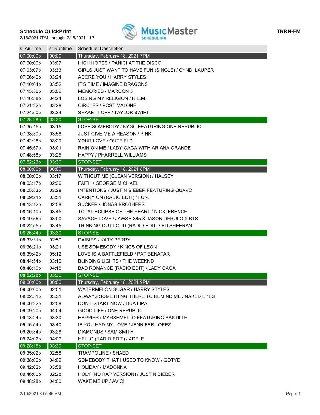 Schedule Quickprint TKRN-FM