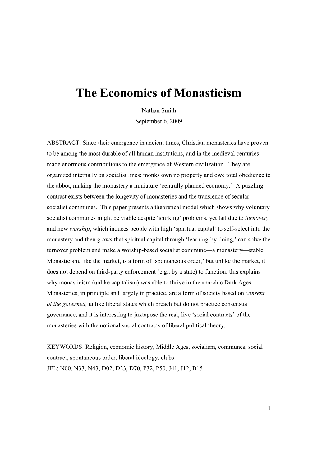 Economics of Monasticism