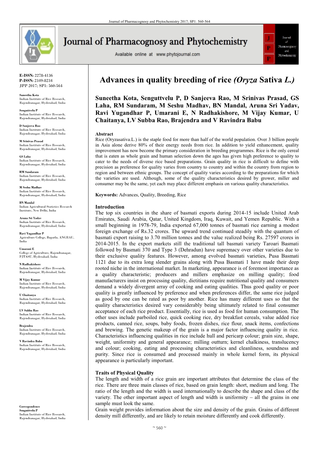 Advances in Quality Breeding of Rice (Oryza Sativa L.) JPP 2017; SP1: 560-564
