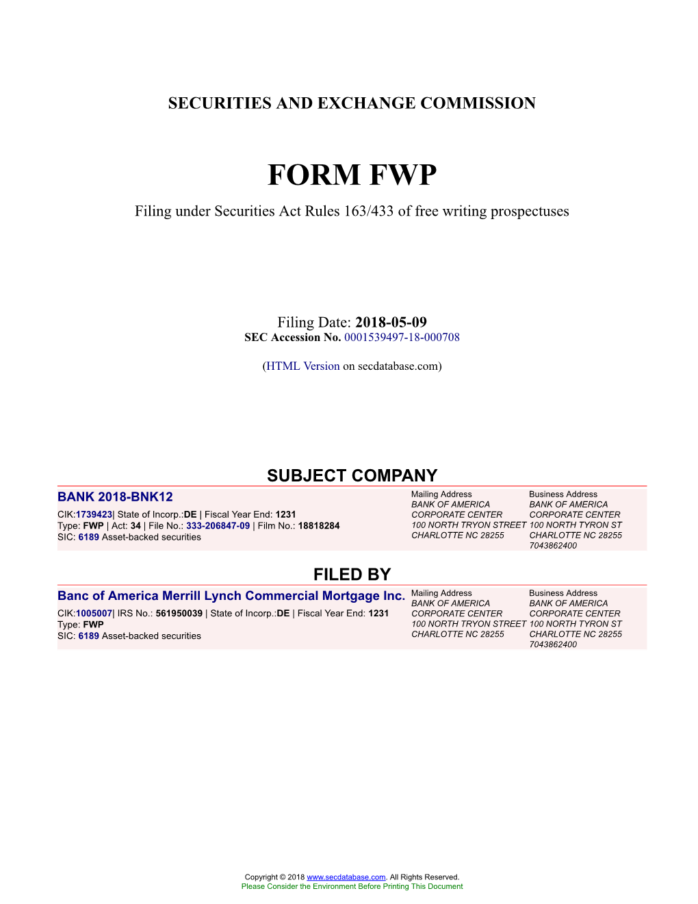 BANK 2018-BNK12 Form FWP Filed 2018-05-09