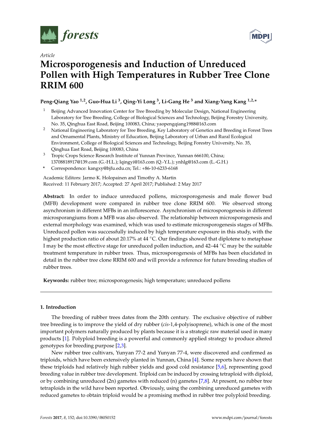 Microsporogenesis and Induction of Unreduced Pollen with High Temperatures in Rubber Tree Clone RRIM 600