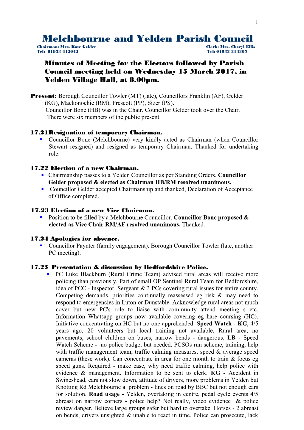 Melchbourne and Yelden Parish Council Chairman: Mrs