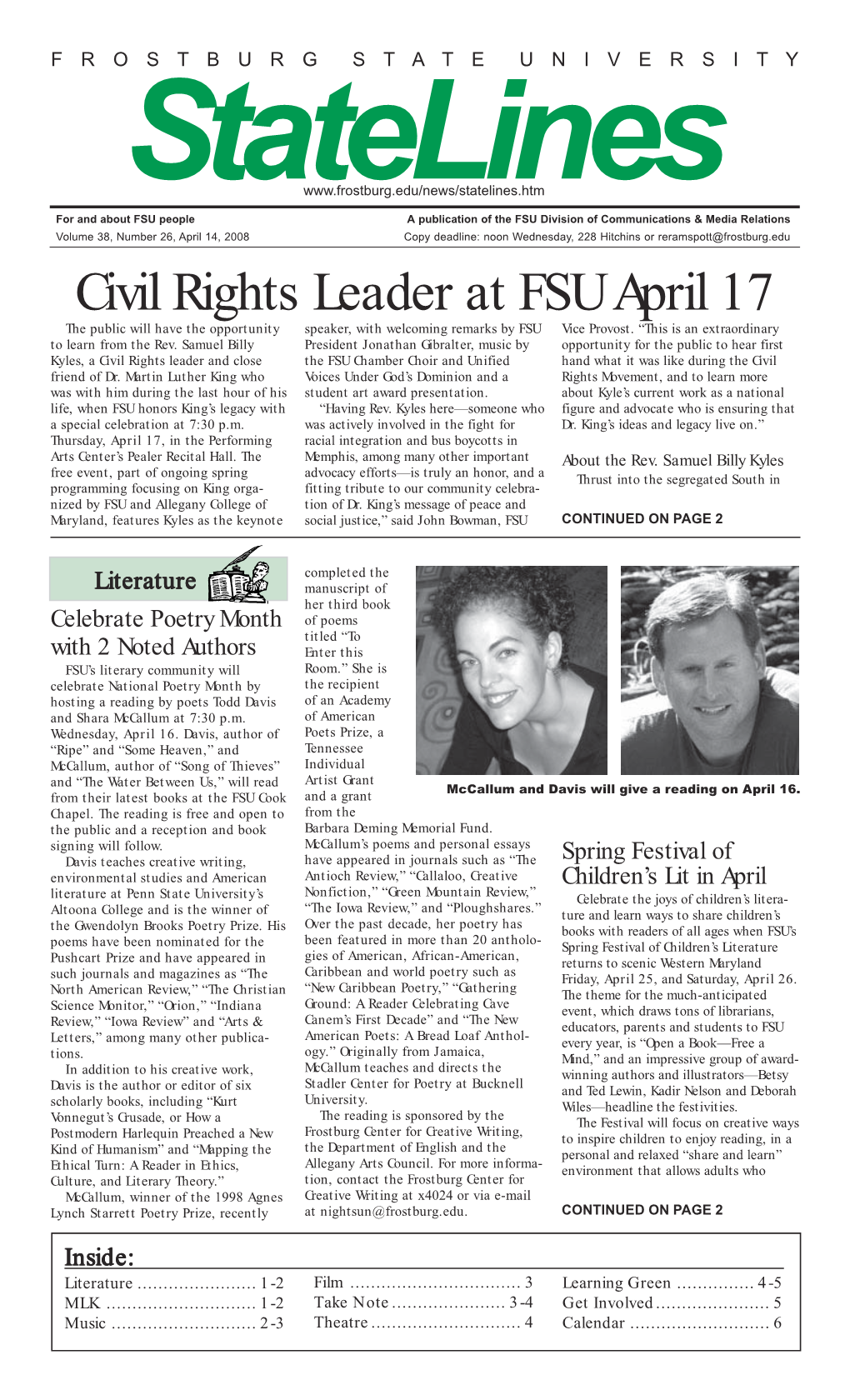 Civil Rights Leader at FSU April 17 the Public Will Have the Opportunity Speaker, with Welcoming Remarks by FSU Vice Provost