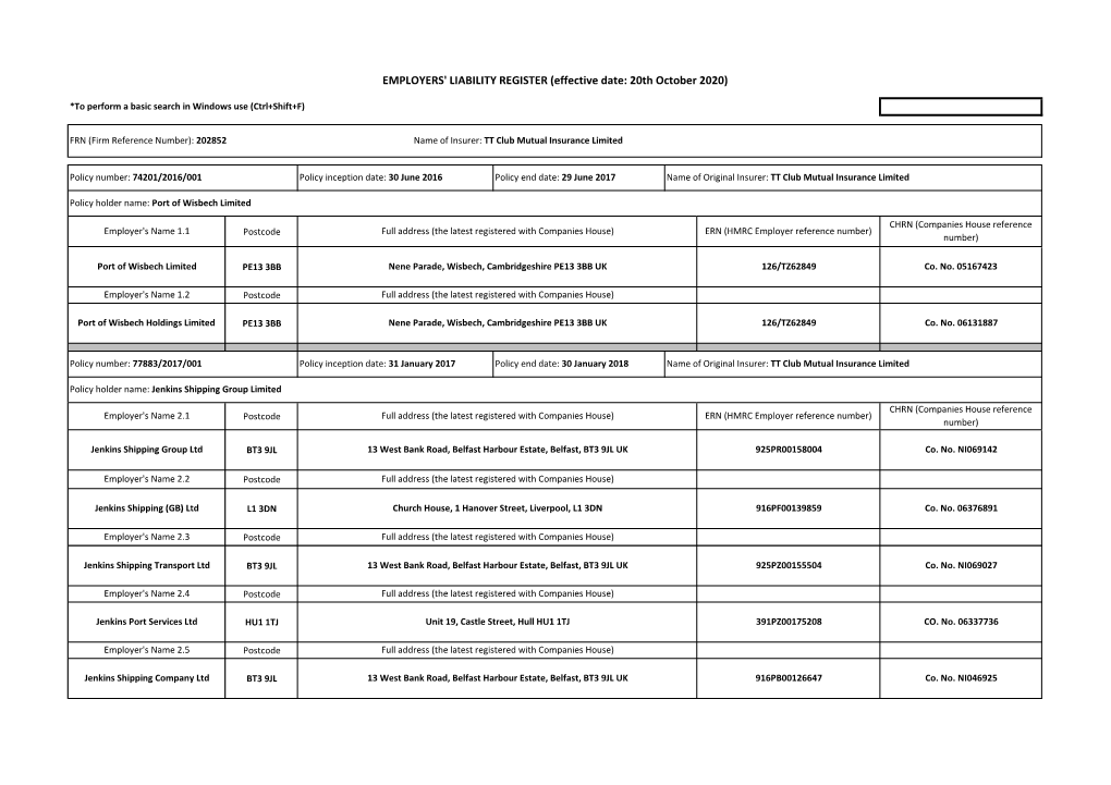 EMPLOYERS' LIABILITY REGISTER (Effective Date: 20Th October 2020)