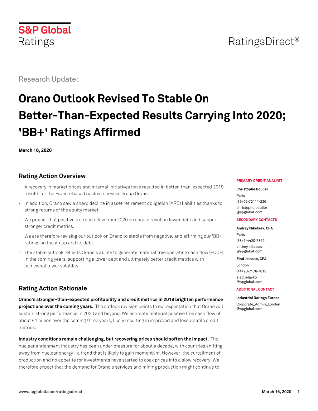 'BB+' Ratings Affirmed Orano Outlook Revised