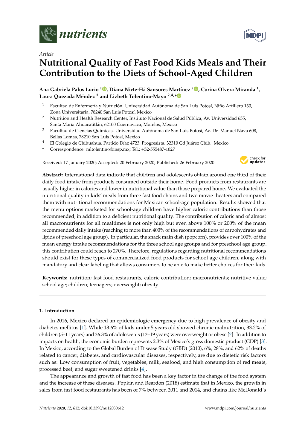 Nutritional Quality of Fast Food Kids Meals and Their Contribution to the Diets of School-Aged Children