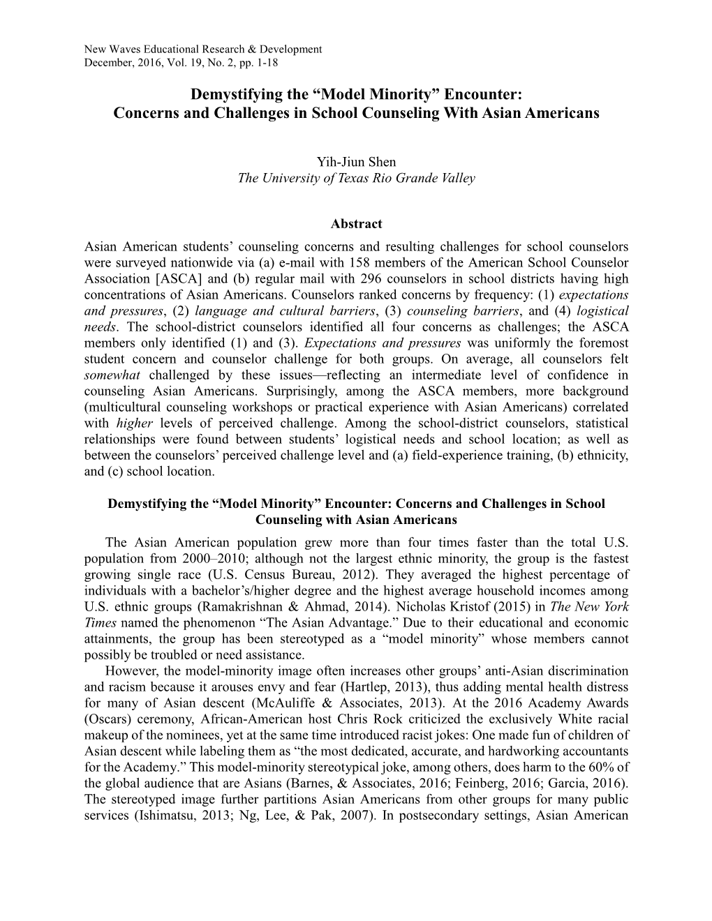 Demystifying the “Model Minority” Encounter: Concerns and Challenges in School Counseling with Asian Americans