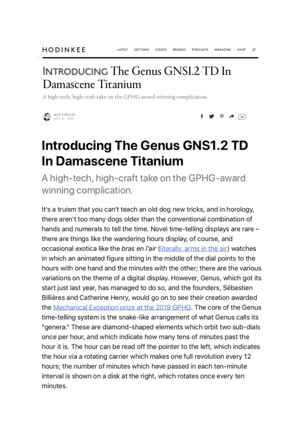 Hodinkee July 2020 the Genus GNS1.2 TD in Damascene Titanium