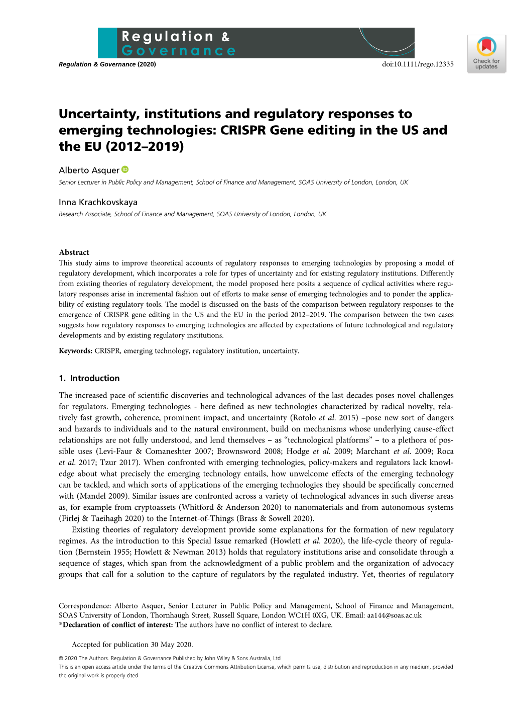 Uncertainty, Institutions and Regulatory Responses to Emerging Technologies: CRISPR Gene Editing in the US and the EU (2012–2019)