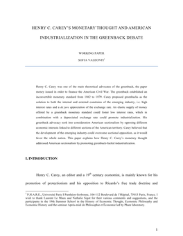 Henry C. Carey's Monetary Thought and American Industrialization in the Greenback Debate