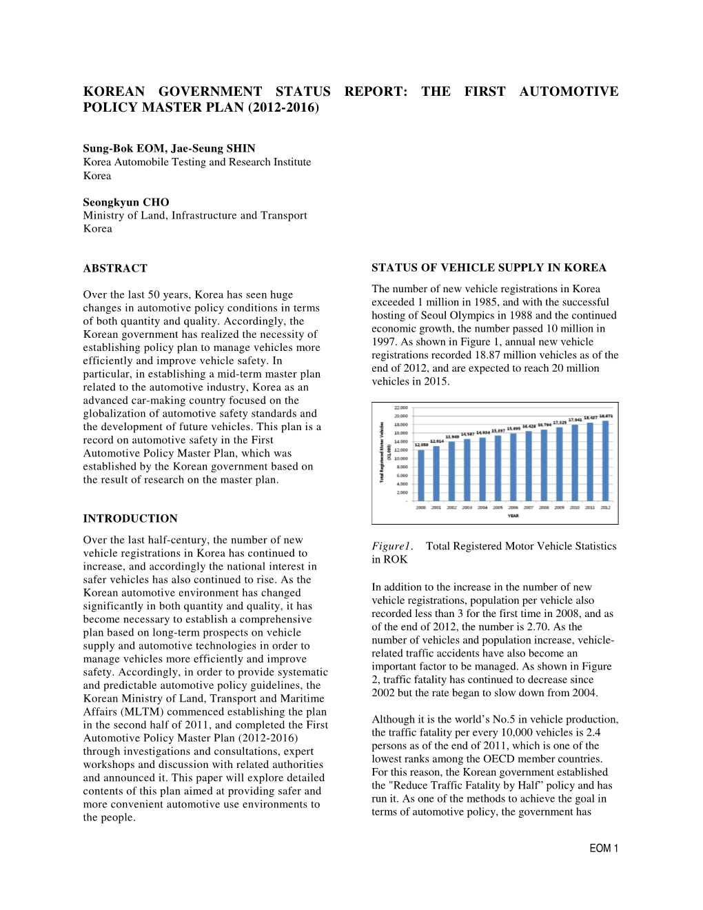 Korean Government Status Report: the First Automotive Policy Master Plan (2012-2016)