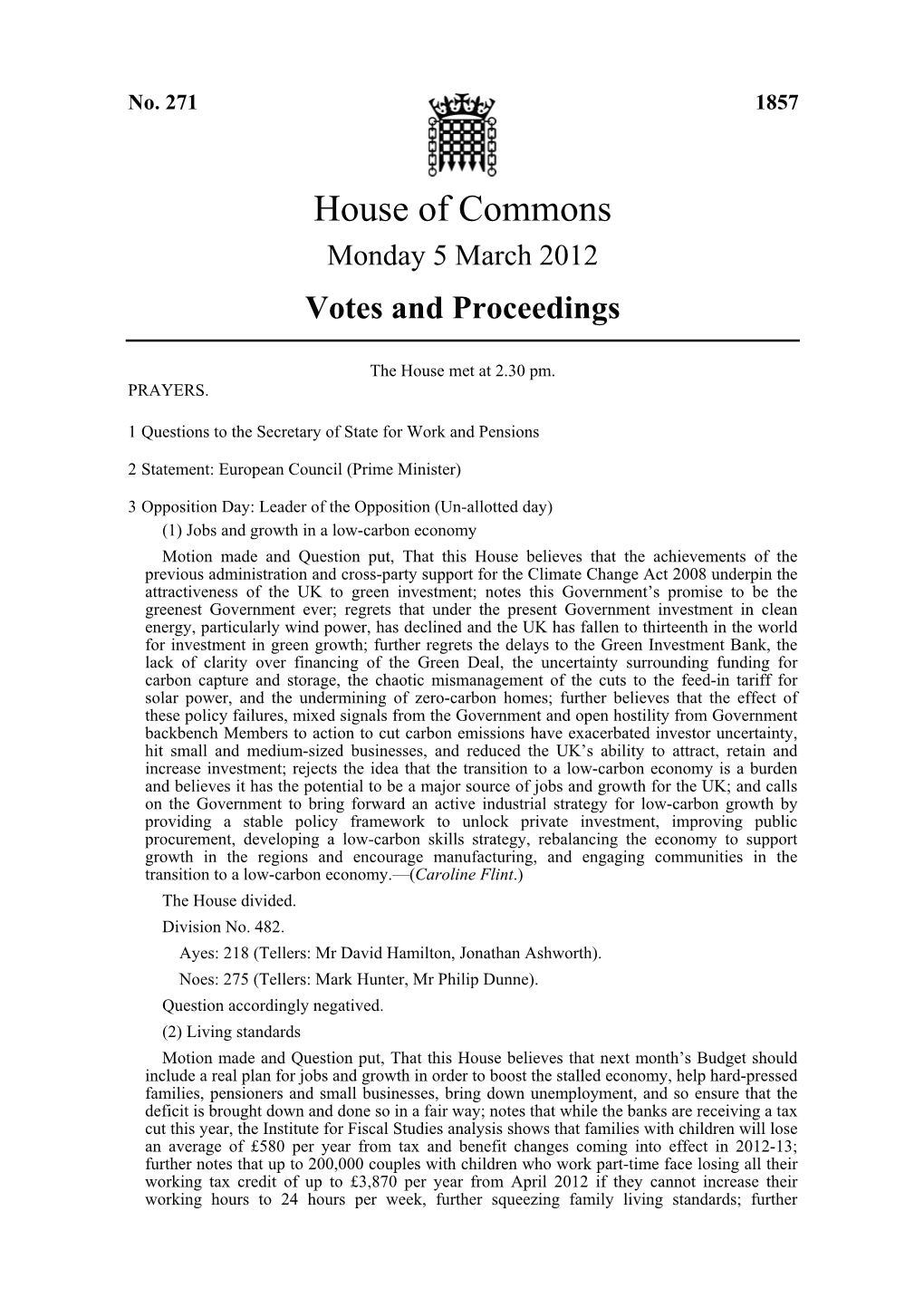 House of Commons Monday 5 March 2012 Votes and Proceedings