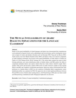 The Mutual Intelligibility of Arabic Dialects: Implications for the Language Classroom1