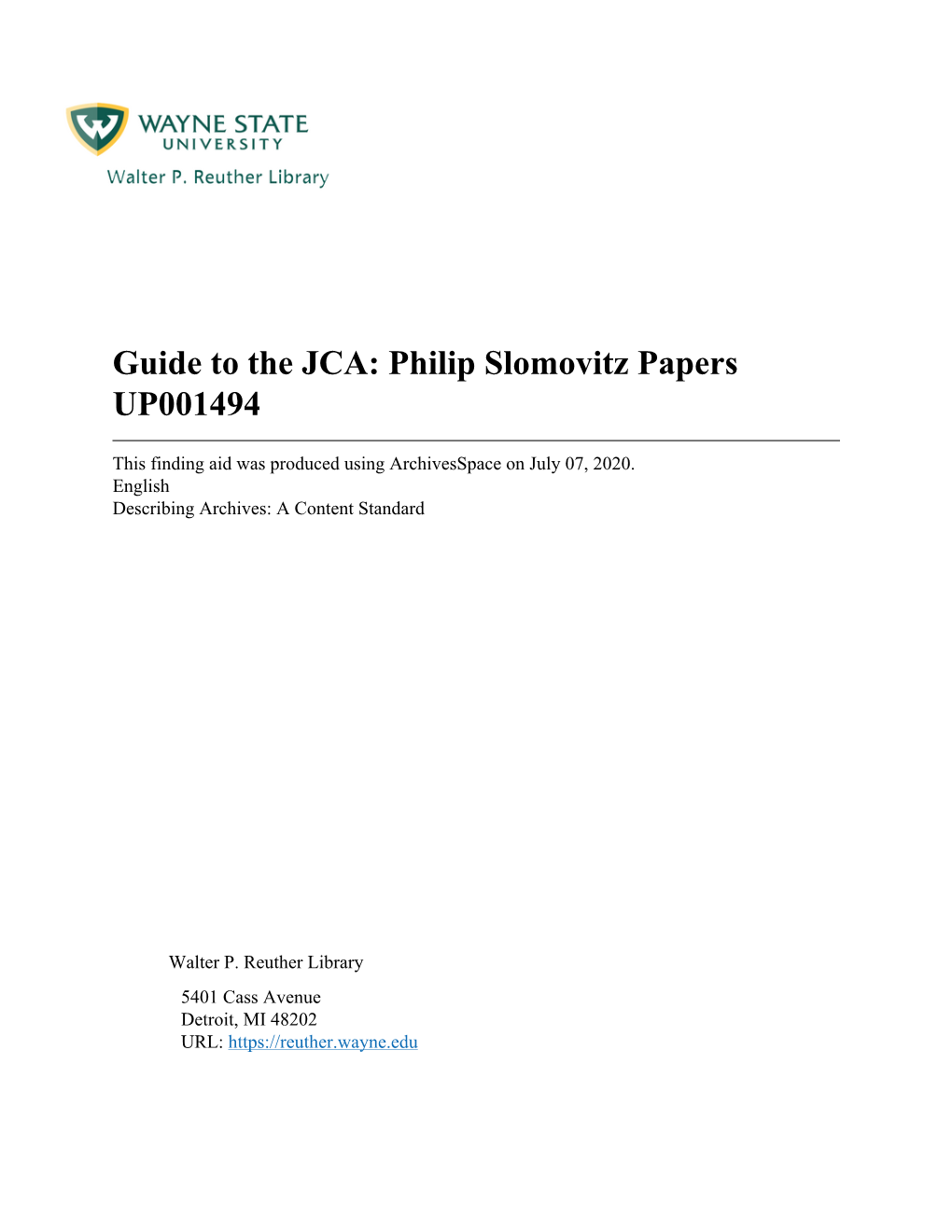 Guide to the JCA: Philip Slomovitz Papers UP001494