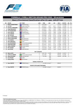 FORMULA 1 PIRELLI BRITISH GRAND PRIX 2021 - Silverstone Race 1 Provisional Classification After 21 Laps - 123.577 Km