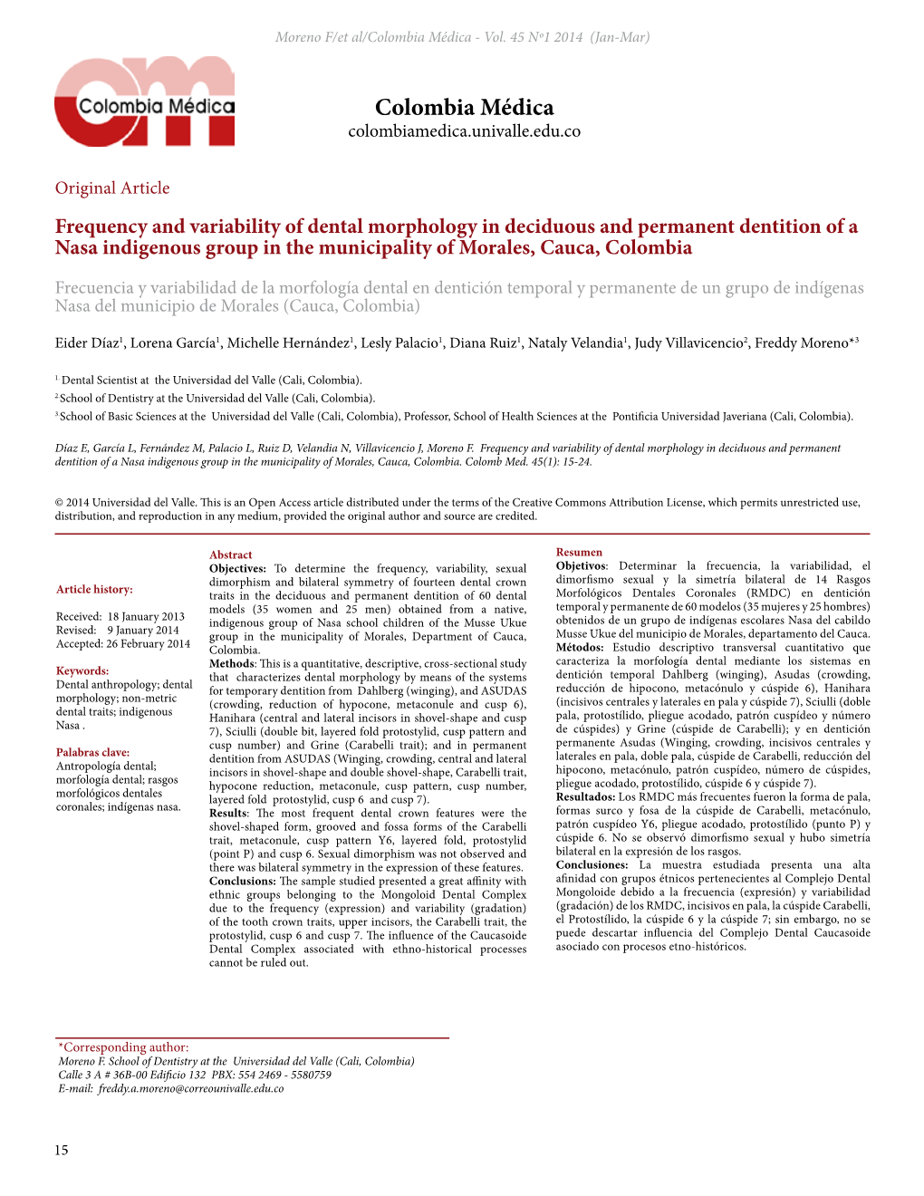 Frequency and Variability of Dental Morphology in Deciduous and Permanent Dentition of a Nasa Indigenous Group in the Municipality of Morales, Cauca, Colombia