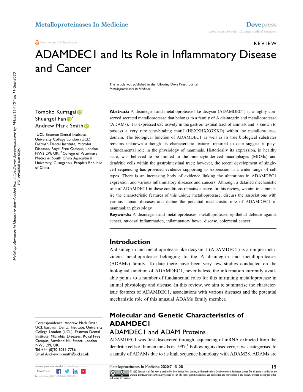 ADAMDEC1 and Its Role in Inflammatory Disease and Cancer