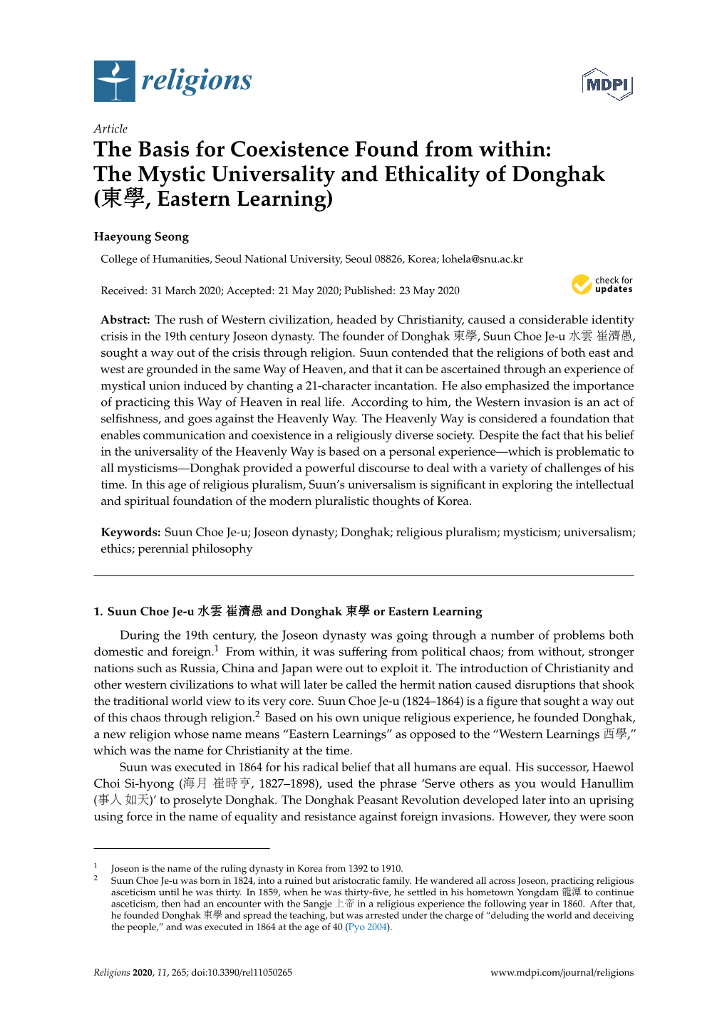 The Mystic Universality and Ethicality of Donghak (東東東學學學, Eastern Learning)