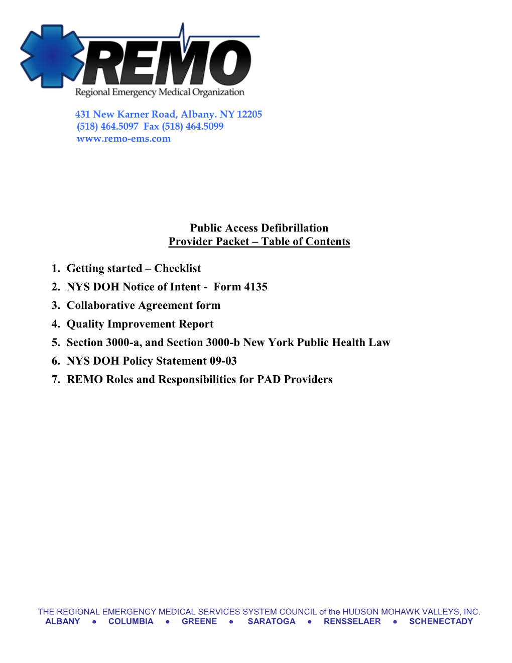 Public Access Defibrillation Provider Packet – Table of Contents