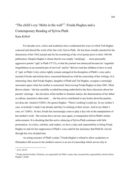 “The Child's Cry/ Melts in the Wall” : Frieda Hughes and a Contemporary Reading of Sylvia Plath