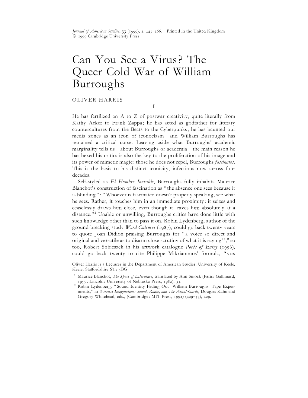 Can You See a Virus? the Queer Cold War of William Burroughs