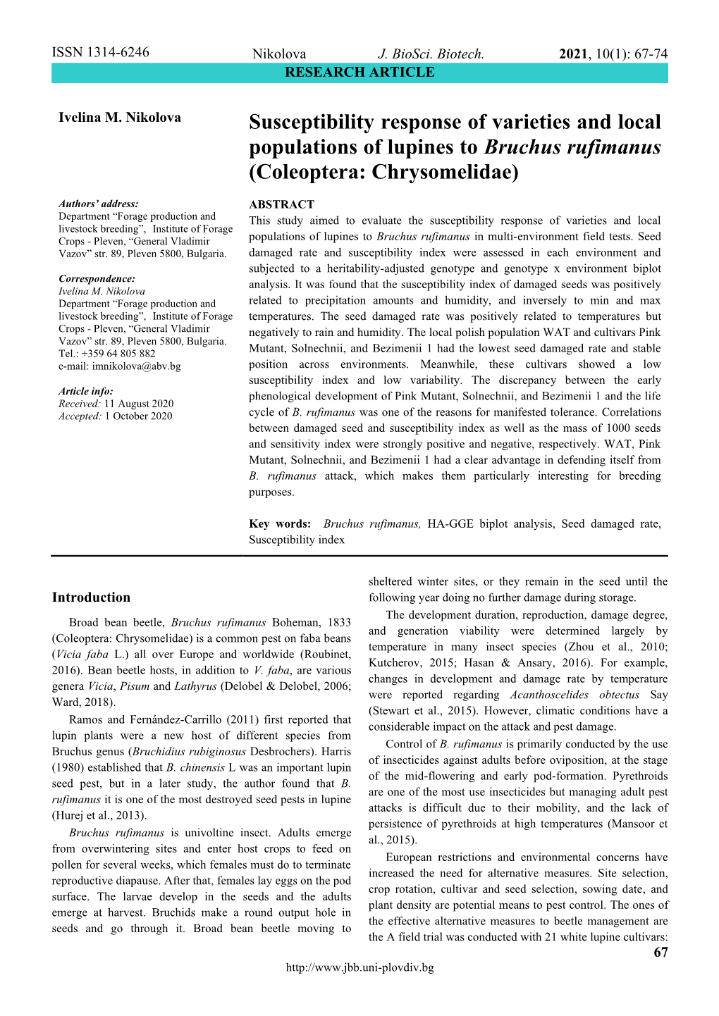 Susceptibility Response of Varieties and Local Populations of Lupines to Bruchus Rufimanus (Coleoptera: Chrysomelidae)