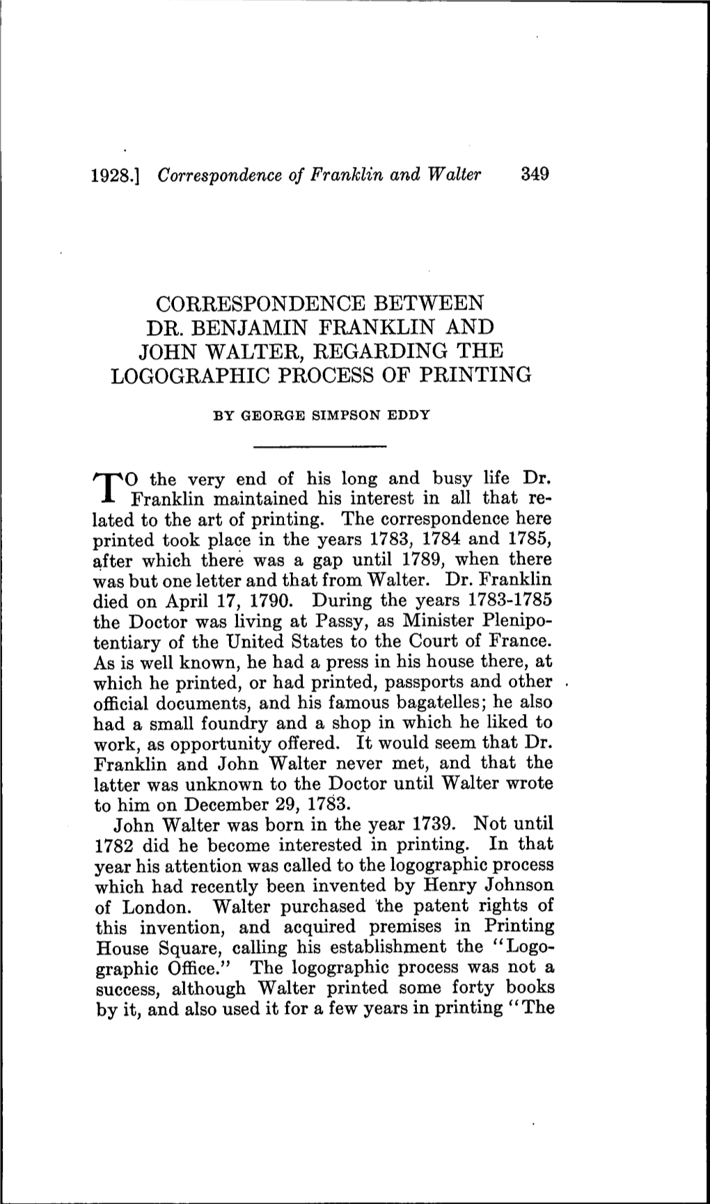 Correspondence Between Dr. Benjamin Franklin and John Walter, Regarding the Logographic Process of Printing