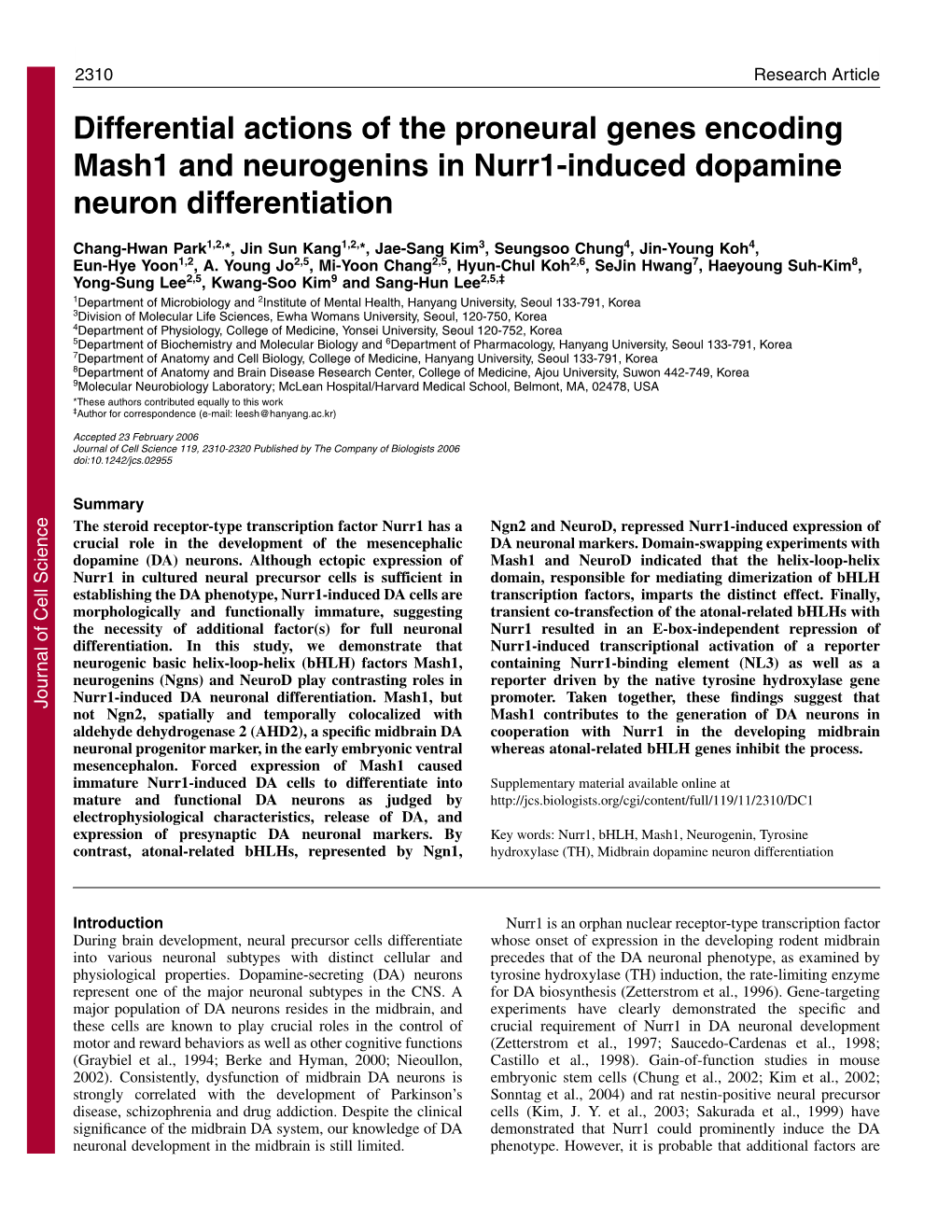 Differential Actions of the Proneural Genes Encoding Mash1 and Neurogenins in Nurr1-Induced Dopamine Neuron Differentiation