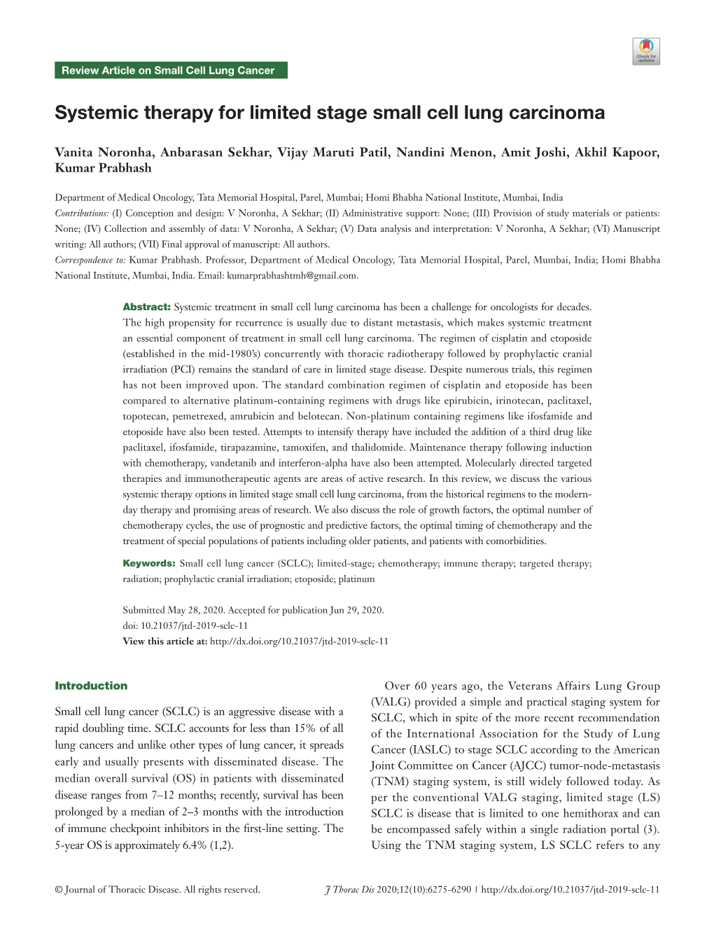 Systemic Therapy for Limited Stage Small Cell Lung Carcinoma