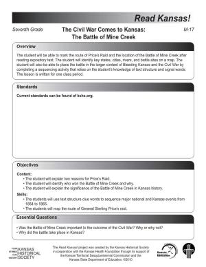 Read Kansas! Seventh Grade the Civil War Comes to Kansas: M-17 the Battle of Mine Creek Overview