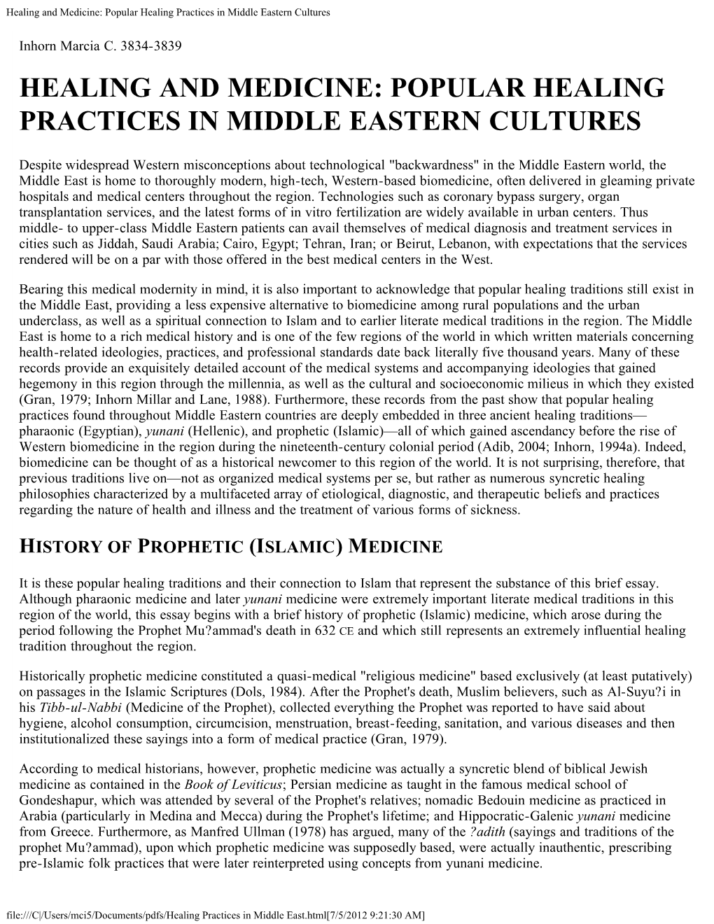 Popular Healing Practices in Middle Eastern Cultures