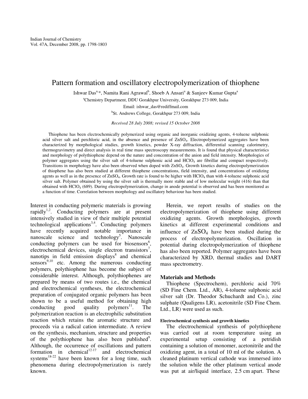 Pattern Formation and Oscillatory Electropolymerization of Thiophene