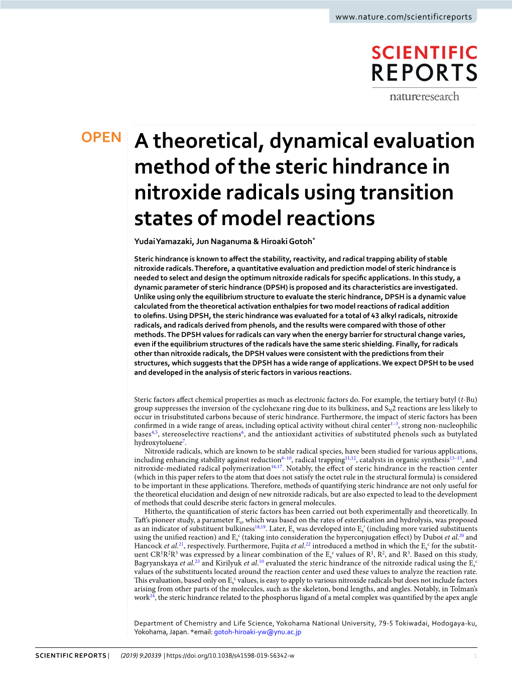 A Theoretical, Dynamical Evaluation Method of the Steric Hindrance In