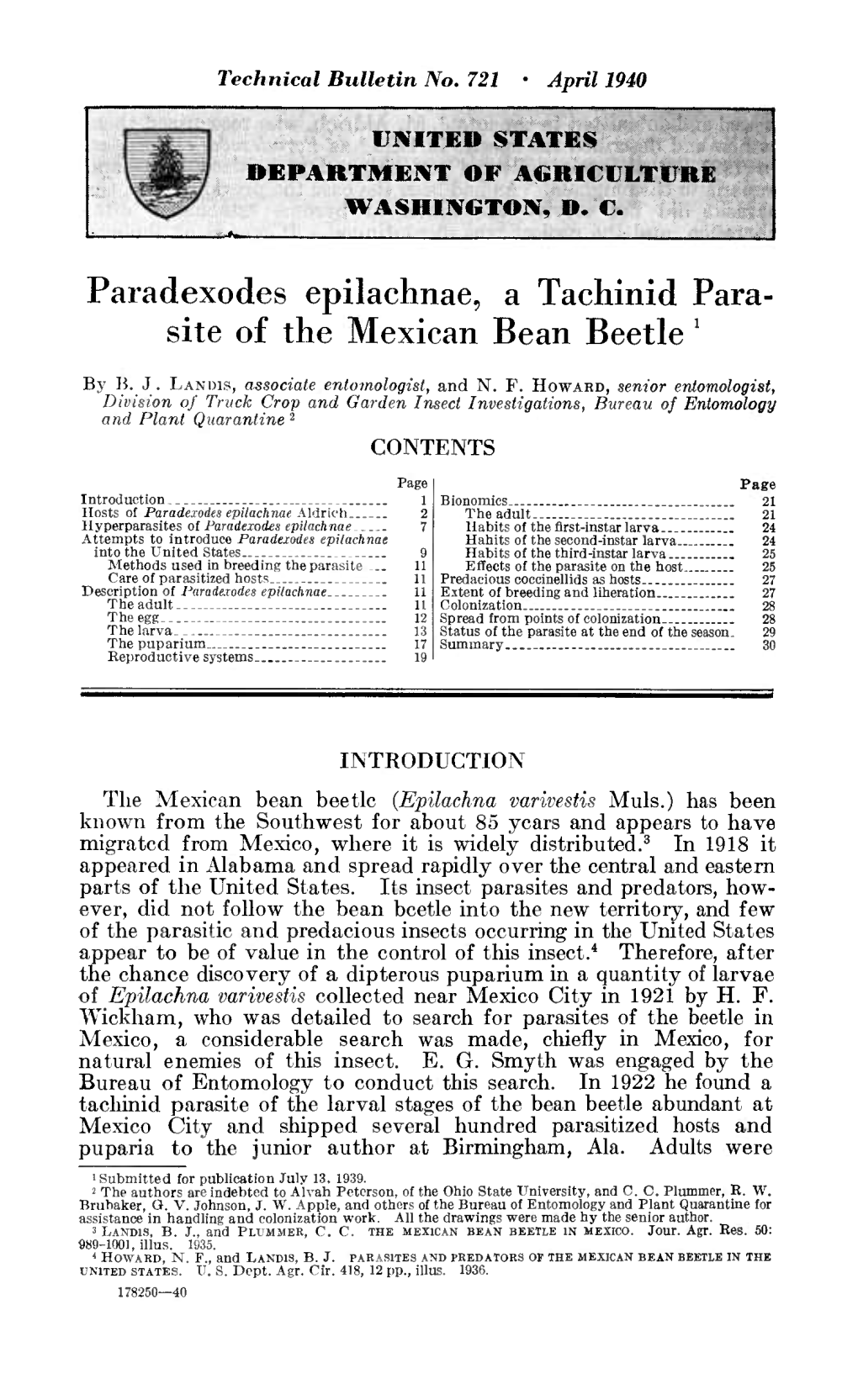 Paradexodes Epilachnae, a Tachinid Para- Site of the Mexican Bean Beetle '